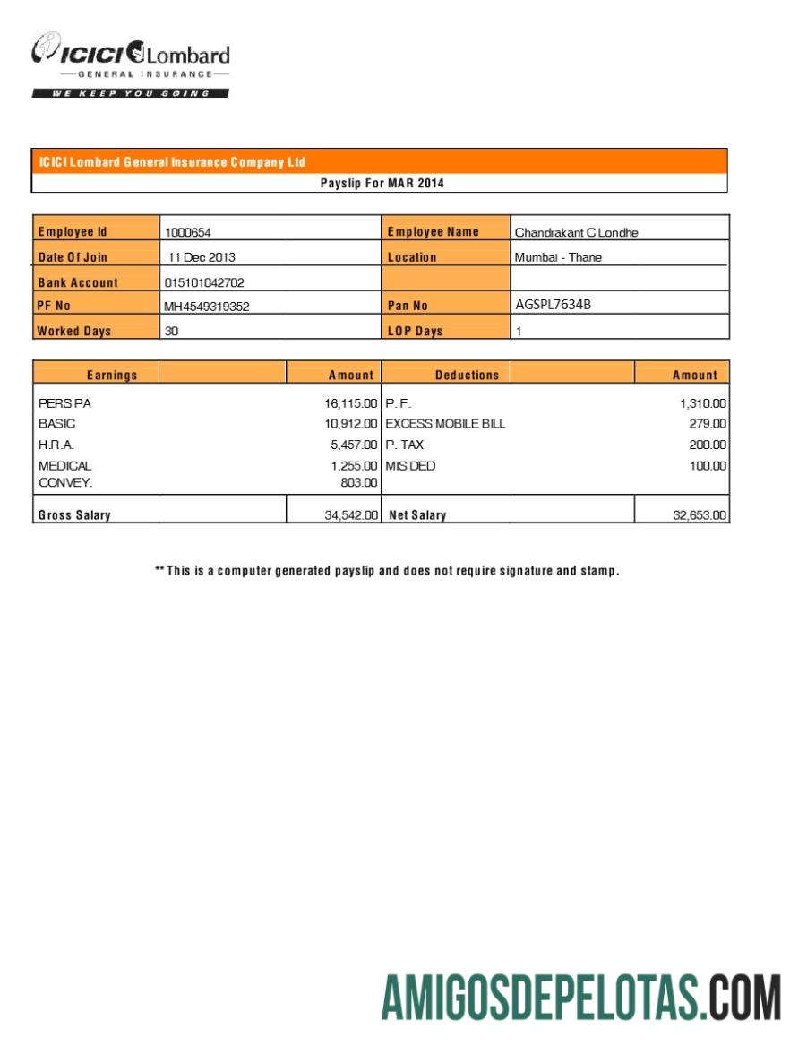 Para download Modelo de recibo de pagamento da ICICI Lombard General Insurance Company em formatos Word e PDF.pdf, 1